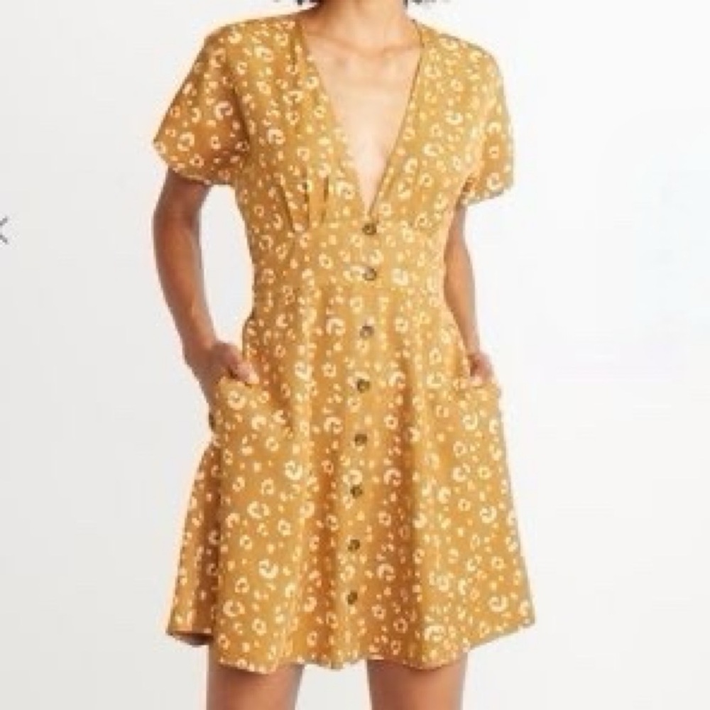 Marine Layer Mustard Yellow Button-Front Short Sleeve Dress with Floral Print